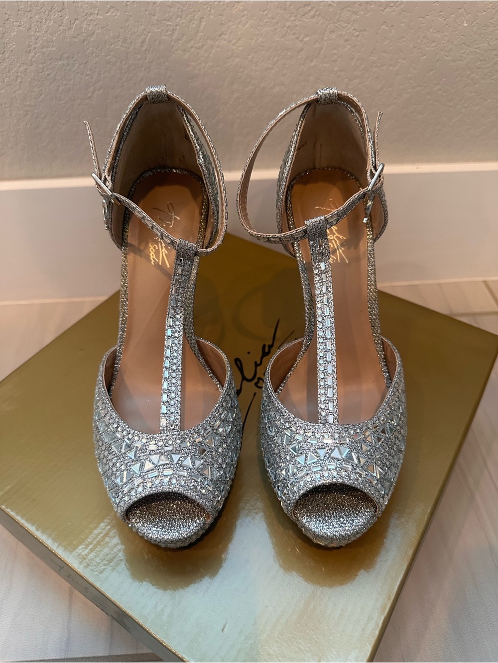 Thalia Sodi Silver Crystal T-Strap Heels